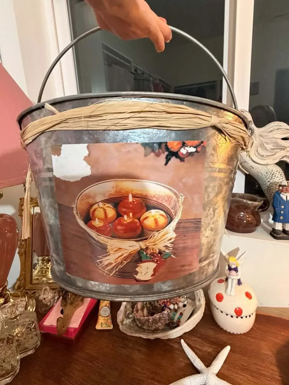 Autumn Fall Decor Bobbing For Apples Floating Candles Rustic Metal Bucket